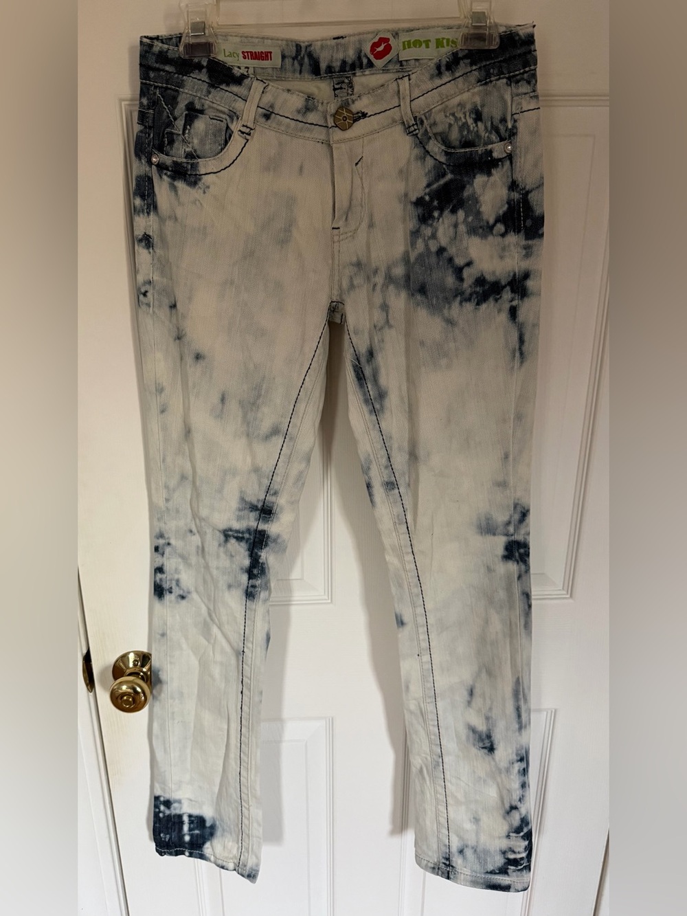 Blue and White Bleached and Distressed Acid-Wash Straight Leg Jeans